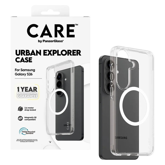 Hülle Urban Explorer mit weißem QI für Samsung Galaxy S26, Transparent, PanzerGlass