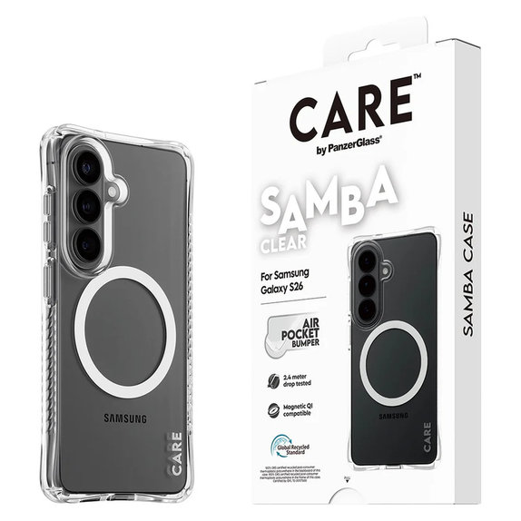 Hülle Samba mit weißem QI für Samsung Galaxy S26, Transparent, PanzerGlass