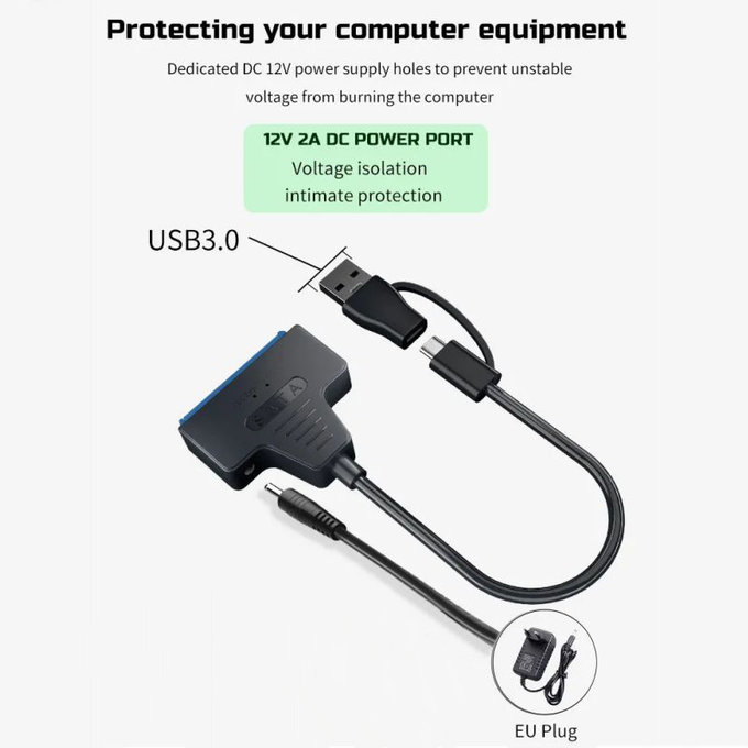 USB 3.0 / USB-C auf SATA Adapter für 2.5" und 3.5" HDD/SSD, mit Netzteil