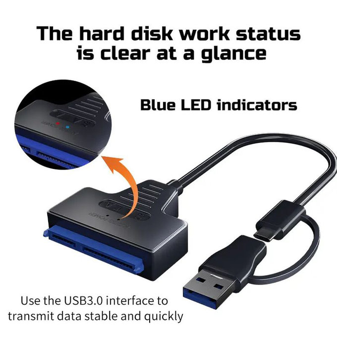 USB 3.0 / USB-C auf SATA Adapter für 2.5" und 3.5" HDD/SSD, mit Netzteil