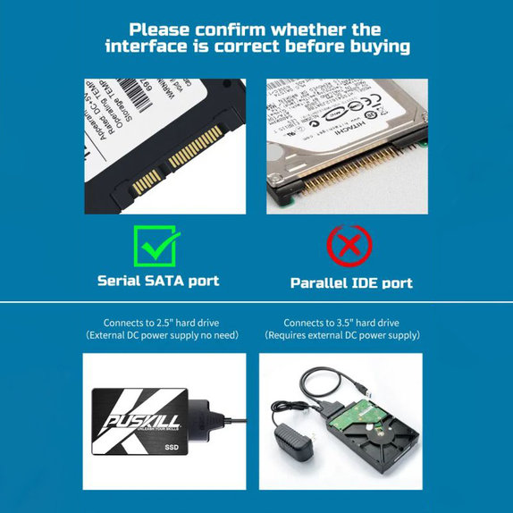 USB 3.0 / USB-C auf SATA Adapter für 2.5" und 3.5" HDD/SSD, mit Netzteil