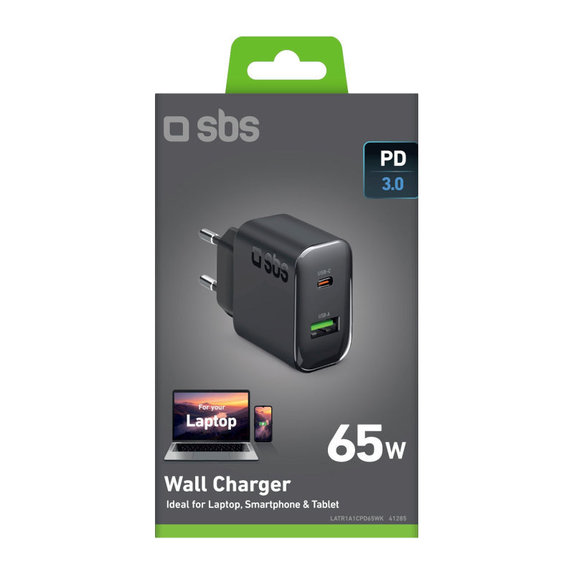 Reiseadapter USB-A/USB-C, GaN, 65 W PD, schwarz, SBS