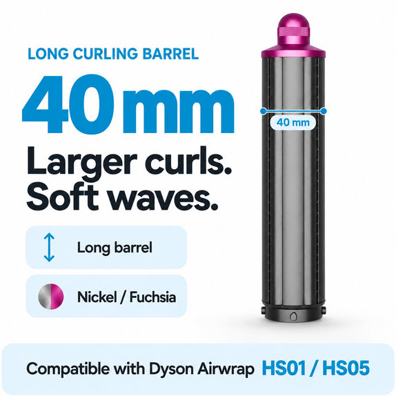 Langer Lockenaufsatz für Dyson Airwrap HS01, HS05, 40 mm, Nickel / Fuchsia