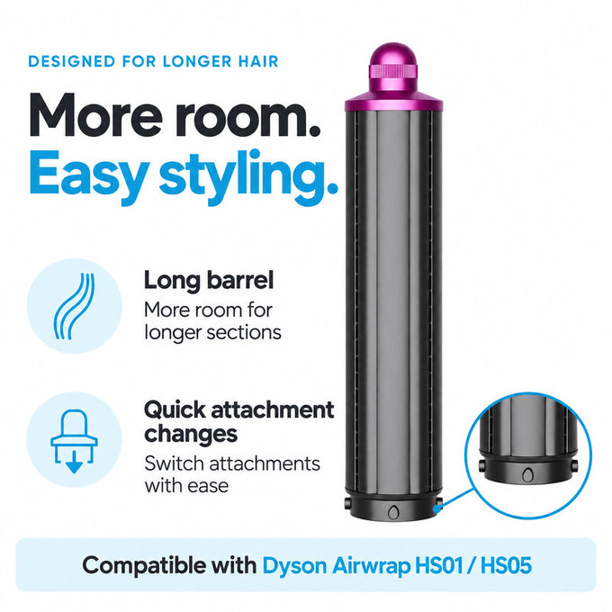 Langer Lockenaufsatz für Dyson Airwrap HS01, HS05, 40 mm, Nickel / Fuchsia