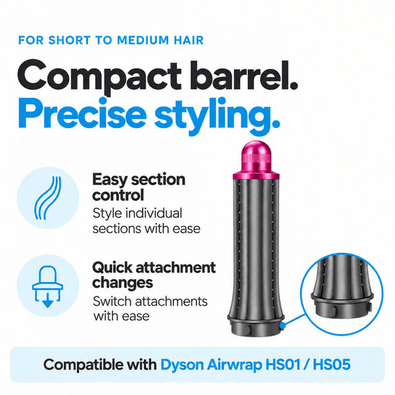Kurzer Lockenaufsatz für Dyson Airwrap HS01, HS05, 30 mm, Nickel / Fuchsia