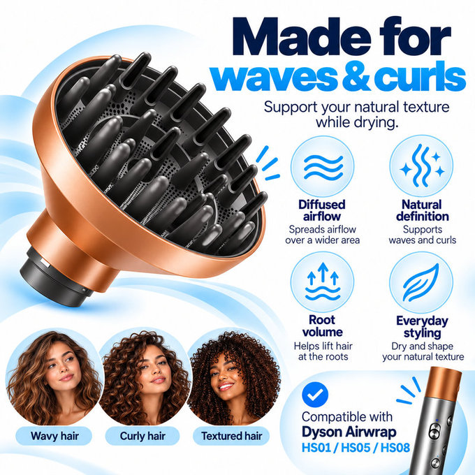 Wave + Curl Diffusor für Dyson Airwrap HS01, HS05, HS08, Copper