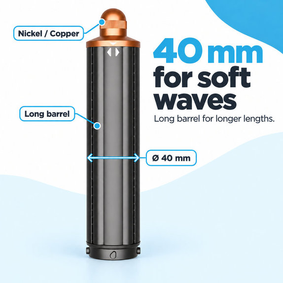 Langer Lockenaufsatz für Dyson Airwrap HS01, HS05, 40 mm, Nickel / Copper