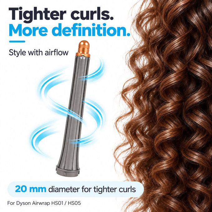 Langer Lockenaufsatz für Dyson Airwrap HS01, HS05, 20 mm, Nickel / Copper