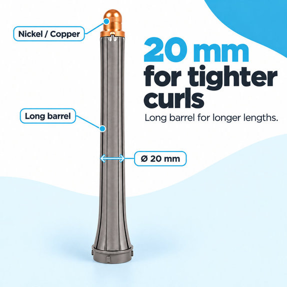 Langer Lockenaufsatz für Dyson Airwrap HS01, HS05, 20 mm, Nickel / Copper