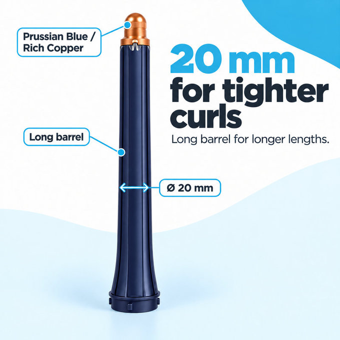 Langer Lockenaufsatz für Dyson Airwrap HS01, HS05, 20 mm, Prussian Blue / Rich Copper