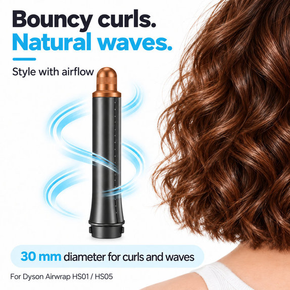 Kurzer Lockenaufsatz für Dyson Airwrap HS01, HS05, 30 mm, Nickel / Copper