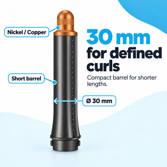 Kurzer Lockenaufsatz für Dyson Airwrap HS01, HS05, 30 mm, Nickel / Copper