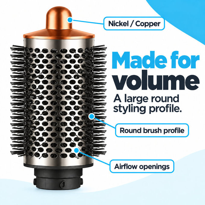 Große runde Volumenbürste für Dyson Airwrap HS01, HS05, Nickel / Copper