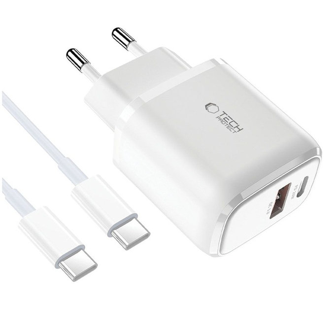 Netzladegerät C20W 2-PORT PD 20W / QC3.0 + USB-C Cable, weiß, Tech-Protect