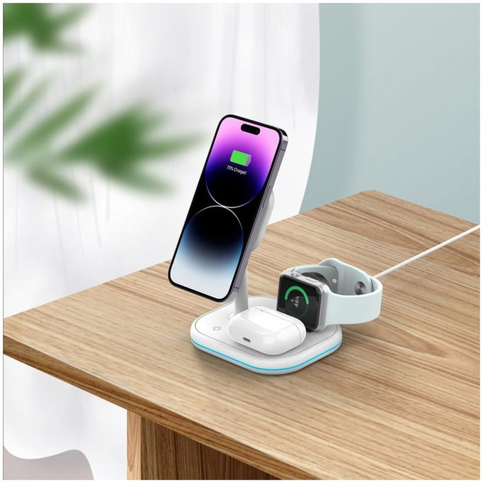 Kabelloses Ladegerät QI15W-A27 3IN1 Magnetic MagSafe, weiß, Tech-Protect