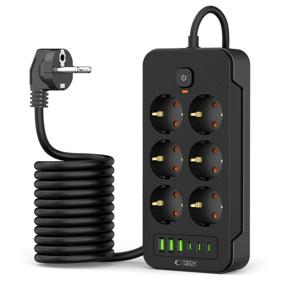 Netzladegerät PC6X6 Power Strip 3 USB & 3 USB-C & 6 Socket 200cm, schwarz, Tech-Protect
