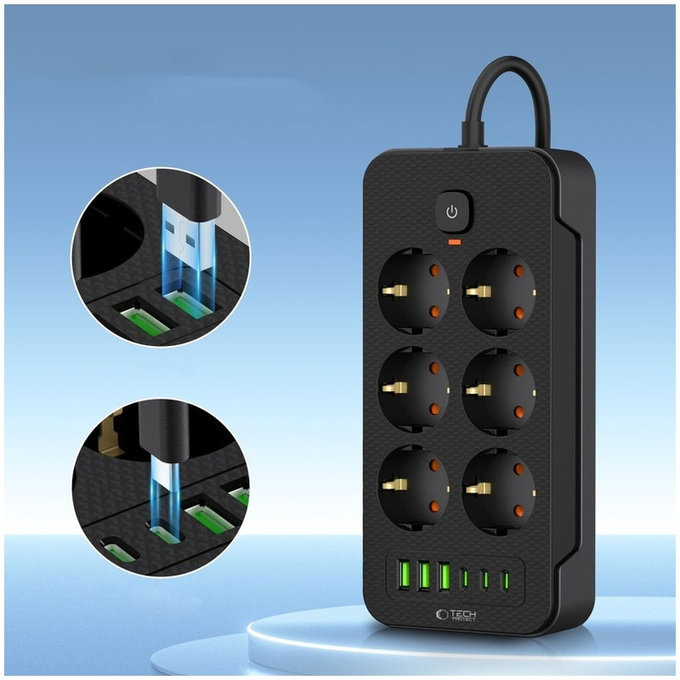 Netzladegerät PC6X6 Power Strip 3 USB & 3 USB-C & 6 Socket 200cm, schwarz, Tech-Protect