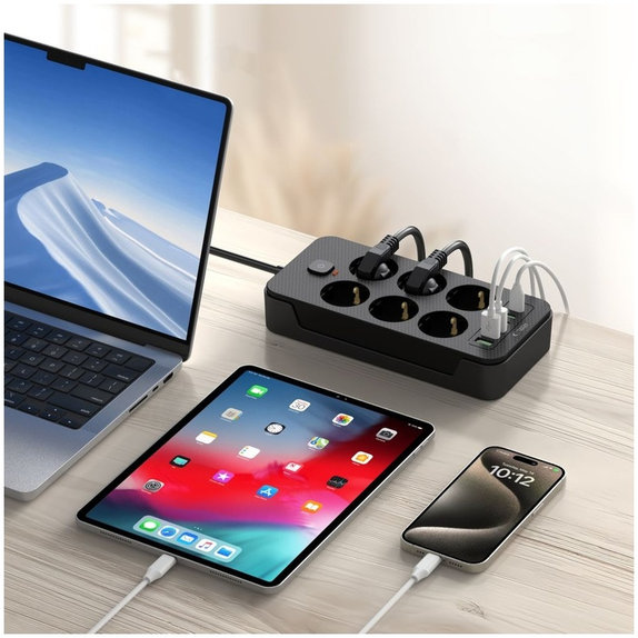 Netzladegerät PC6X6 Power Strip 3 USB & 3 USB-C & 6 Socket 200cm, schwarz, Tech-Protect