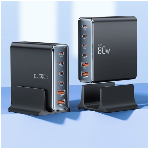 Netzladegerät DC80W-GAN 6-PORT PD 80W / QC3.0, schwarz, Tech-Protect