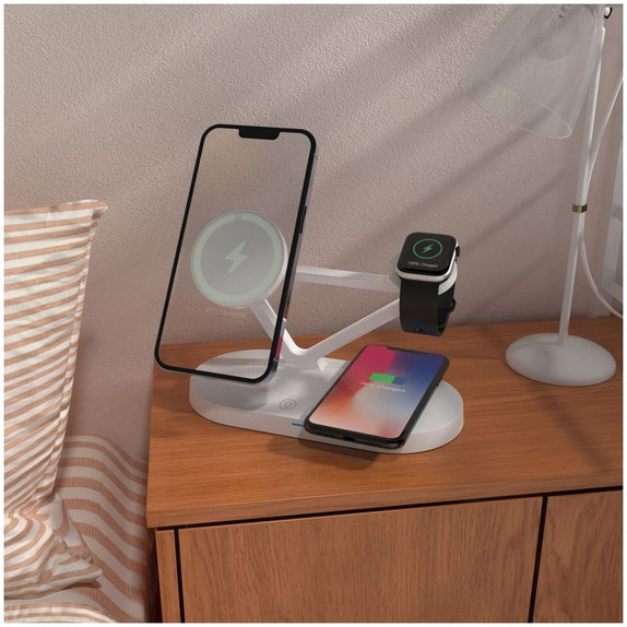 Kabelloses Ladegerät QI15W-A41 3IN1 Magnetic MagSafe, weiß, Tech-Protect