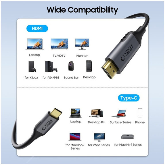 Kabel Ultraboost Cable USB-C / HDMI 2.0 4K 60Hz 180cm, schwarz, Tech-Protect
