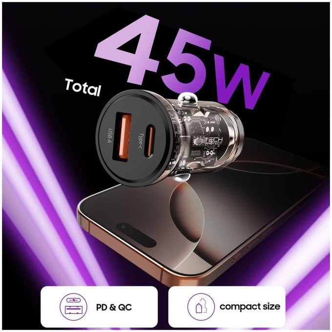 Autoladegerät CC01 2-PORT PD 45W / QC3.0, schwarz, Tech-Protect