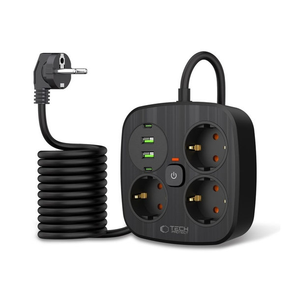 Netzladegerät PCS3X4 Power Strip 2 USB & 2 USB-C & 3 Socket 200cm, schwarz, Tech-Protect