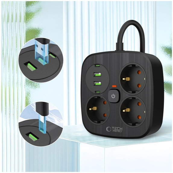 Netzladegerät PCS3X4 Power Strip 2 USB & 2 USB-C & 3 Socket 200cm, schwarz, Tech-Protect