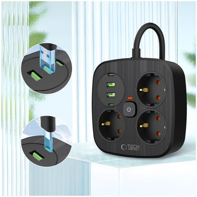 Netzladegerät PCS3X4 Power Strip 2 USB & 2 USB-C & 3 Socket 200cm, schwarz, Tech-Protect