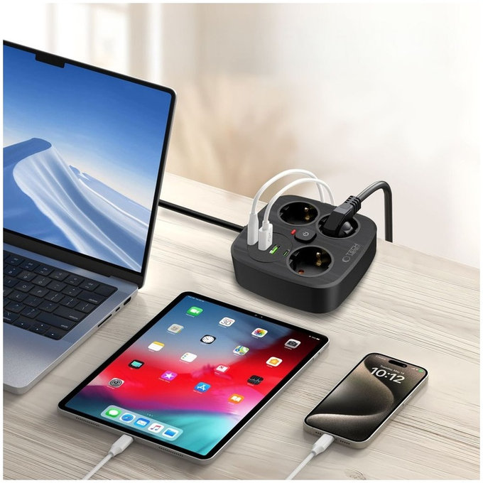 Netzladegerät PCS3X4 Power Strip 2 USB & 2 USB-C & 3 Socket 200cm, schwarz, Tech-Protect