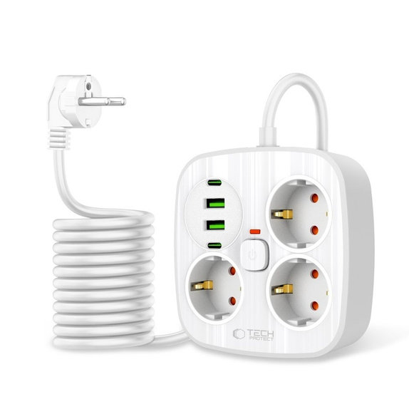 Netzladegerät PCS3X4 Power Strip 2 USB & 2 USB-C & 3 Socket 200cm, weiß, Tech-Protect