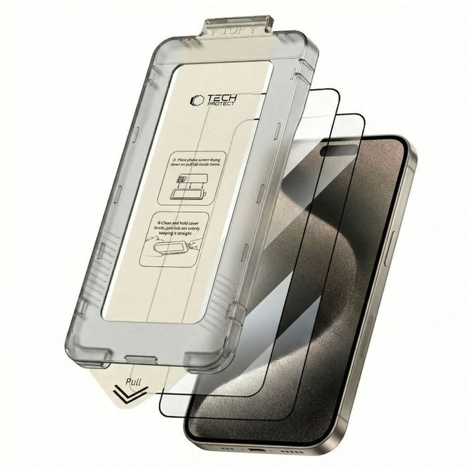 Panzerglas Quick Set+ 2-PACK für iPhone 15 Pro, schwarz, Tech-Protect