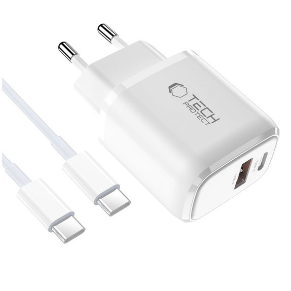 Netzladegerät NCA20 2-PORT PD 20W / QC3.0 + USB-C Cable, weiß, Tech-Protect