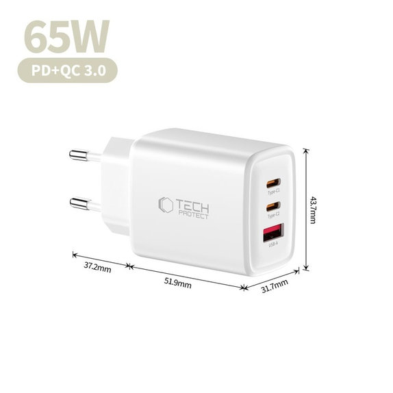 Netzladegerät NCA65W-GAN 3-PORT PD 65W / QC3.0, weiß, Tech-Protect