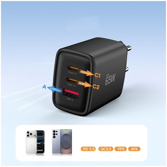 Netzladegerät NCA65W-GAN 3-PORT PD 65W / QC3.0, schwarz, Tech-Protect