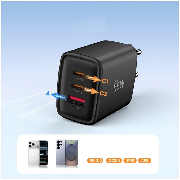 Netzladegerät NCA65W-GAN 3-PORT PD 65W / QC3.0, schwarz, Tech-Protect