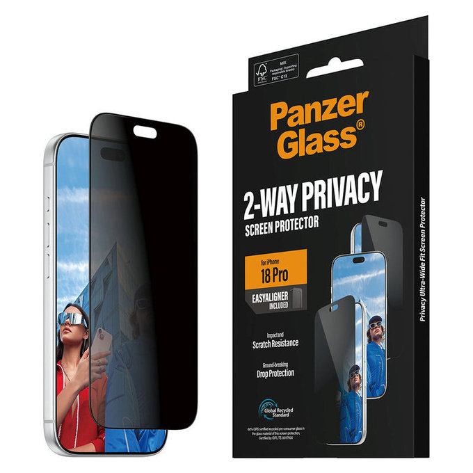 Schutzglas UWF 2-Way Privacy mit Applikator für iPhone 18 Pro, Schwarz, PanzerGlass