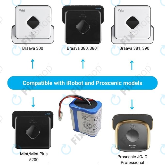 iRobot Braava 2000, 300, 380, 380T, 381, 390, Mint 5200, Mint Plus 5200, Proscenic JOJO Professional - Akku Batterie GPRHC202N026, 4409709, W206001001399 Ni-MH 7.2V 2500mAh