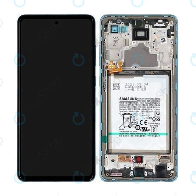 Samsung Galaxy A72 A725F, A726B - LCD Display + Touchscreen Front Glas + Rahmen + Akku Batterie (Awesome Blue) - GH82-25541B, GH82-25542B Genuine Service Pack