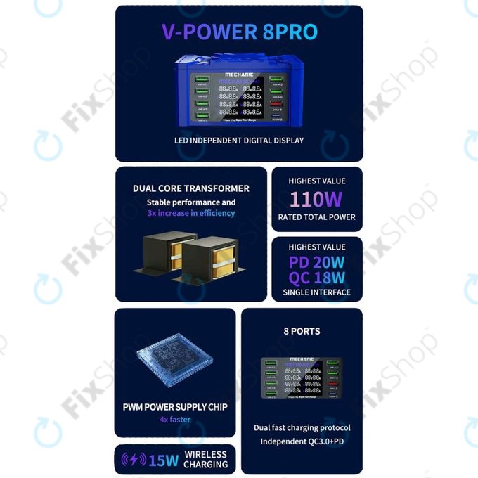 Mechanic V-Power 8 Pro - USB-Service-Ladestation mit USB-C, USB 3.0