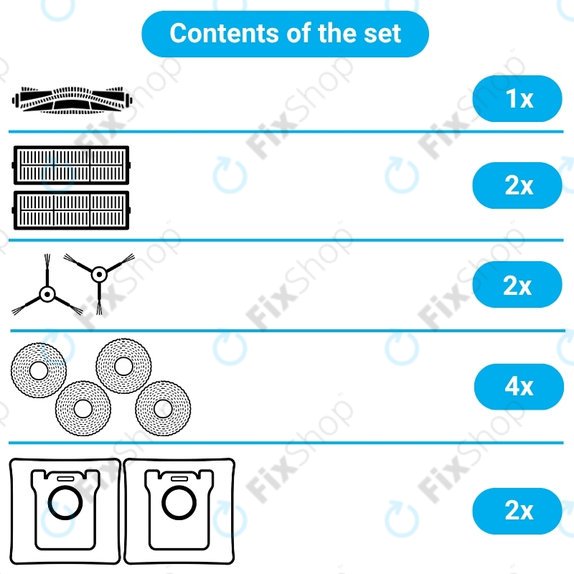 Ersatzteilset für Ecovacs T20, T20 Max, T20 Pro (1x Hauptbürste, 2x Filter, 2x Seitenbürste – weiß, 4x Wischtuch, 2x Staubbeutel)