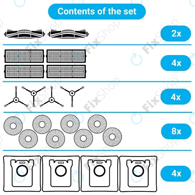 Ersatzteilset für Xiaomi Robot Vacuum X20 Max, X20 Pro (2x Hauptbürste, 4x Filter, 4x Seitenbürste, 8x Wischtuch, 4x Staubbeutel)