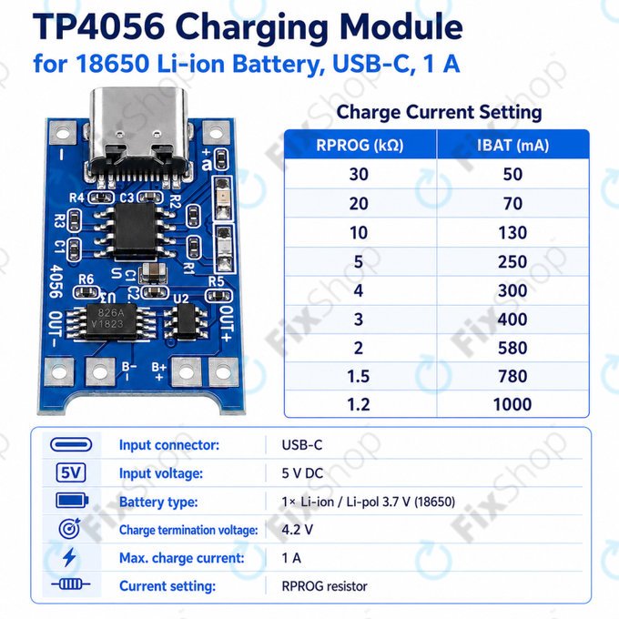 Lademodul TP4056 für 18650 Li-Ion-Akku, USB-C, 1A