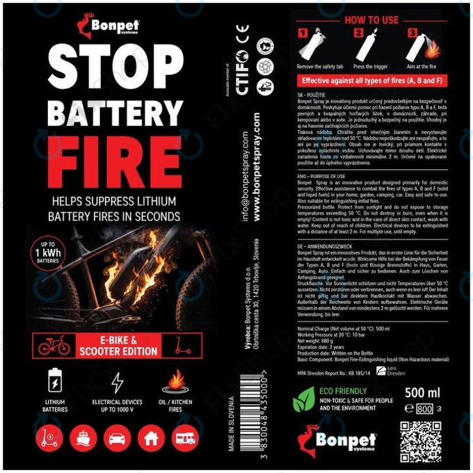 Bonpet Feuerlöschspray für Lithium-Batterien, 500 ml, E-Bike & Scooter Edition