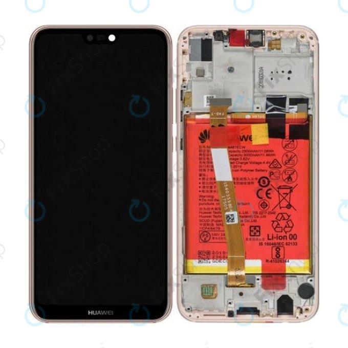 Huawei P20 Lite - LCD Display + Touchscreen Front Glas + Rahmen + Akku Batterie (Rosa) - 02351VUW, 02351XUB, 02352CCL Genuine Service Pack