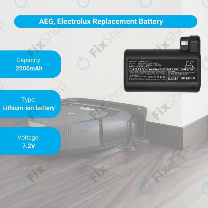 AEG RX-series, Electrolux E, P-series - Akku Batterie S91-0400410-SU2, OSBP72LI, OSBP72LI25 Li-Ion 7.2V 3400mAh HQ
