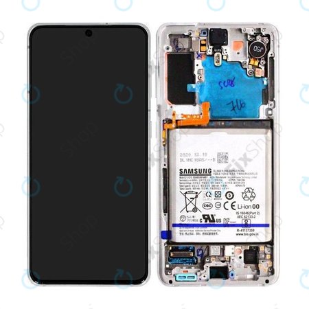 Samsung Galaxy S21 G991B - LCD Display + Touchscreen Front Glas + Rahmen + Akku Batterie (Phantom White) - GH82-24716C, GH82-24718C Genuine Service Pack
