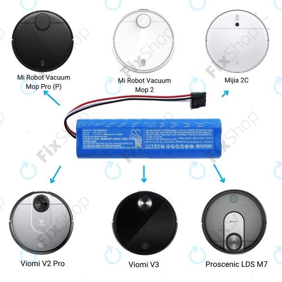 Xiaomi Mi Robot Vacuum Mop Pro (P), 2 (Mijia 2C), Viomi V2 Pro, Proscenic LDS M7 - Akku Batterie STYJ02YM, MH1-4S1P-SC Li-Ion 14.4V 2600mAh HQ
