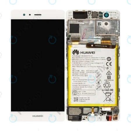 Huawei P9 - LCD Display + Touchscreen Front Glas + Rahmen + Akku Batterie (White) - 02350RRY, 02350RKF Genuine Service Pack