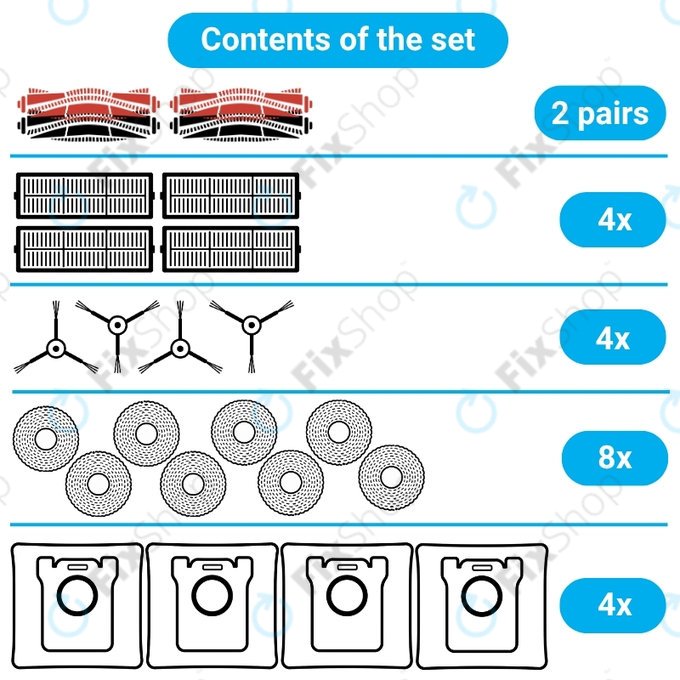 Ersatzteilset für Dreame X50 Ultra, L50 Ultra, L40s Ultra, L40s Pro Ultra, X50 Master, Mova V50 (2 Paare Hauptbürsten, 4x Filter, 4x Seitenbürste, 8x Wischtuch, 4x Staubbeutel)